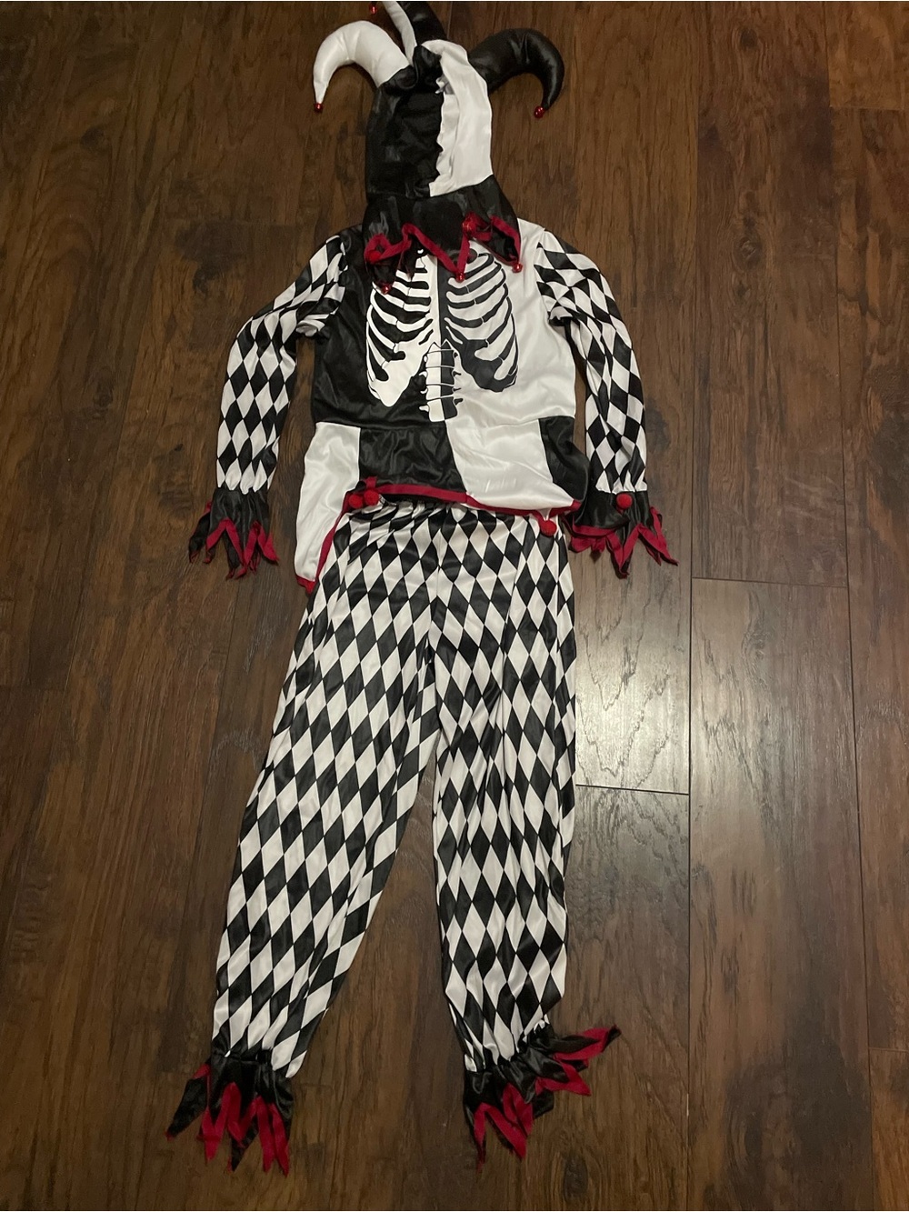 Kids Skeleton Jester Costume in Black, White & Red